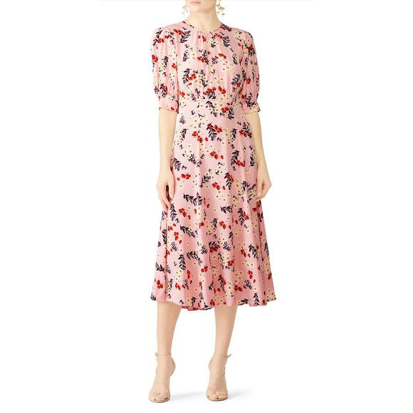 by TiMo Pink Floral Midi Dress Short Puff Sleeves‎ Bloom 50s Print, Size Small - Picture 7 of 16